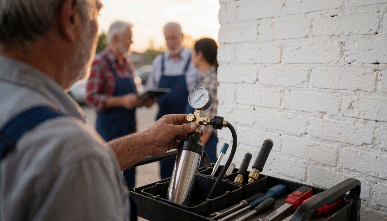 Mechanic choosing an air pump in a bike repair shop with white brick wall and sunset light
