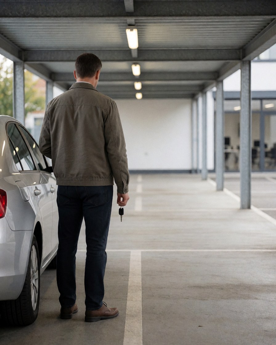 Back view of a man holding a key fob next to a silver car in a covered parking lot with painted lines and metal structure