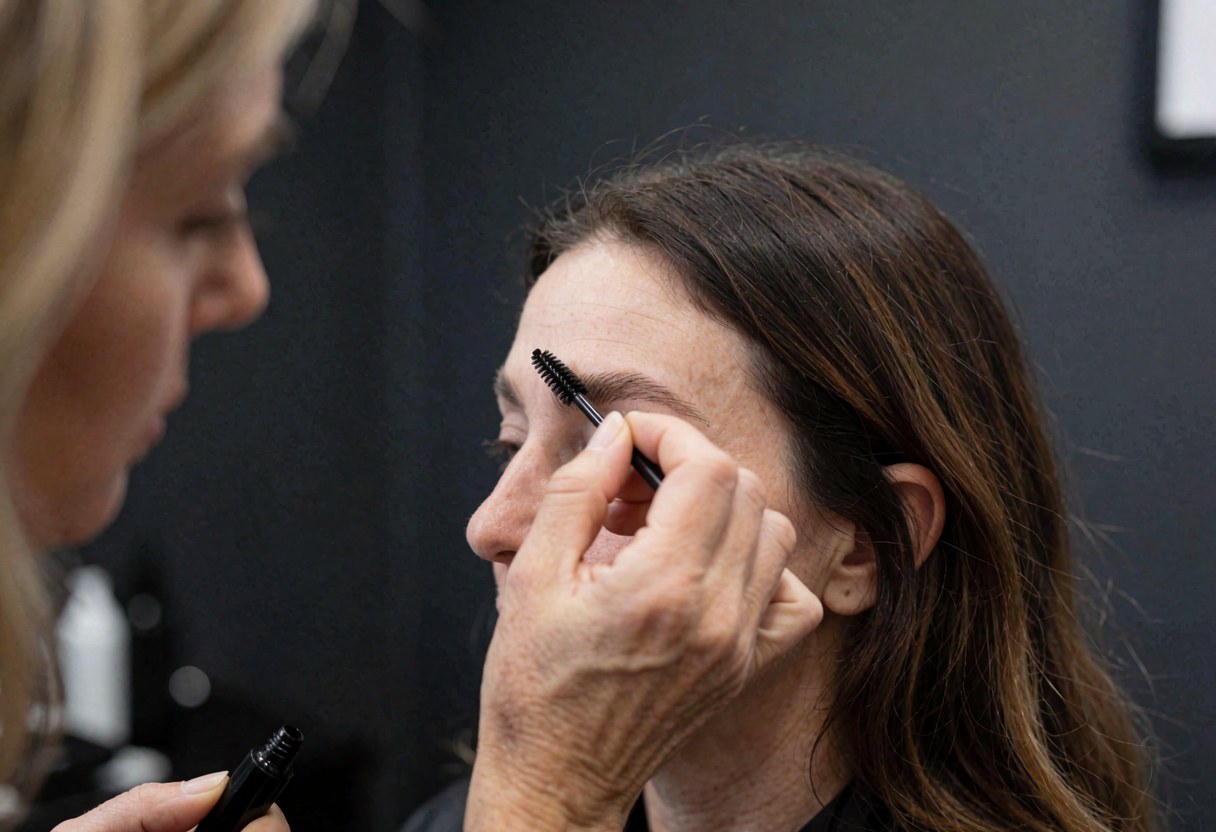 Close-up of a professional applying eyebrow gel during a lamination service in a salon with gray walls and bright lighting.