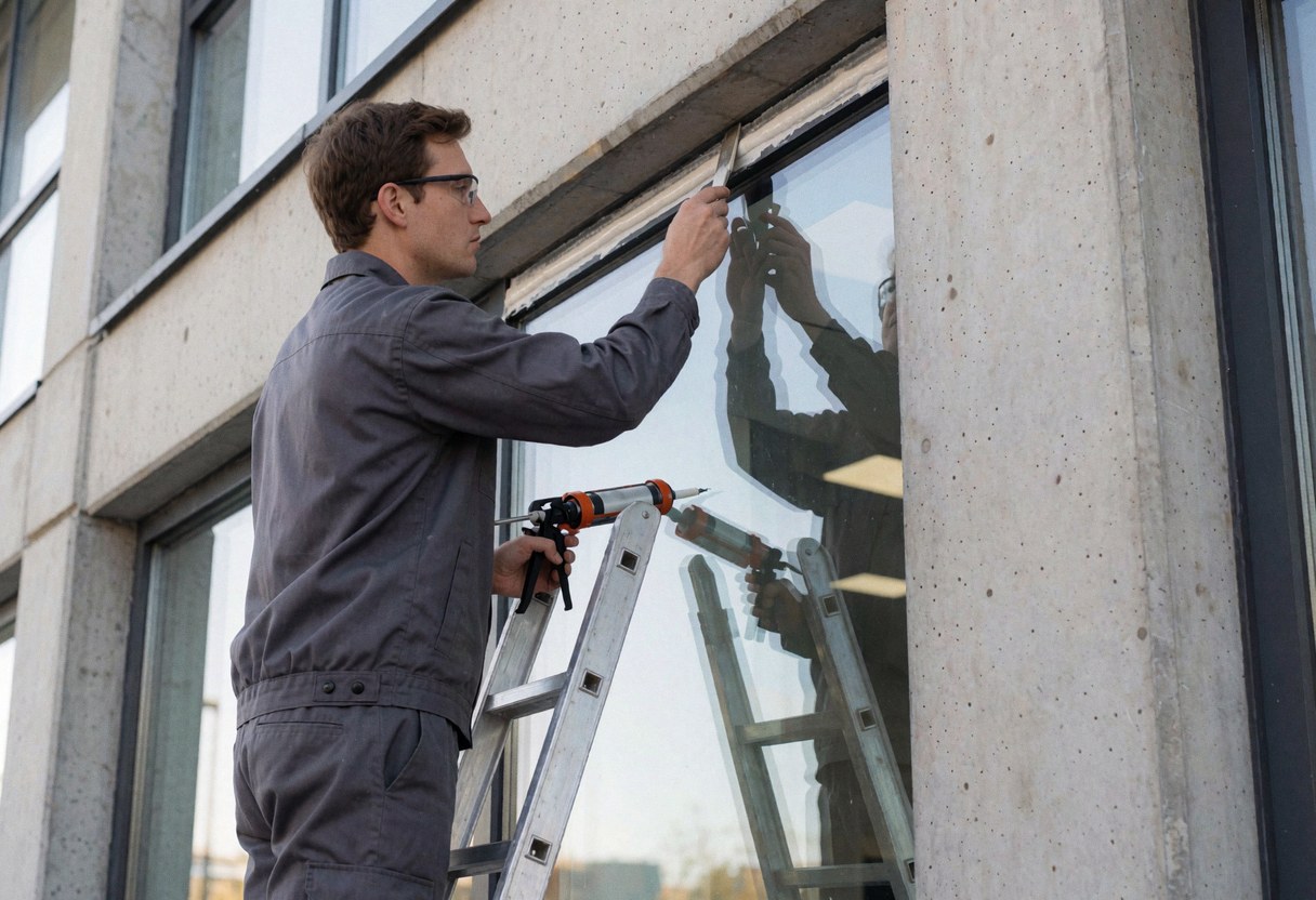 Worker in dark uniform uses caulking gun to apply sealant to a glass pane on a concrete pillar structure while standing on a ladder.