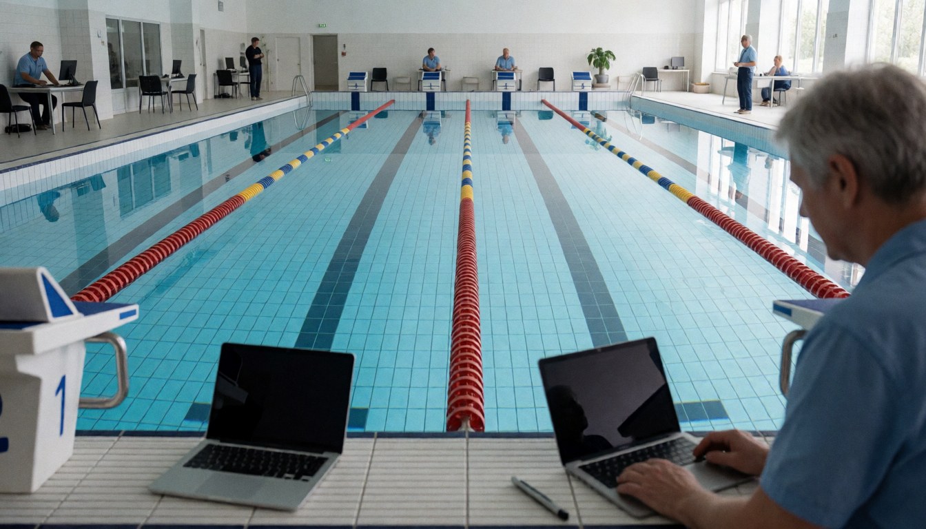 Pool staff members using laptops to monitor activity in a public swimming pool with lanes and starting blocks