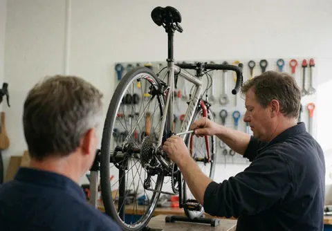 Bike mechanic adjusting bicycle chain next to a tool board in a workshop with white walls