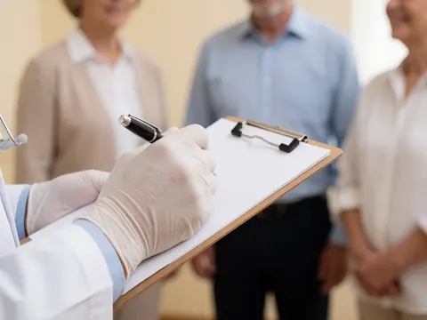 Gloved hands writing on a clipboard in a beige medical office with patients in the background.
