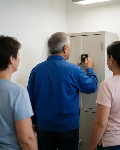 A technician inspects a security latch on a metal cabinet in an office while two people observe the work being performed.