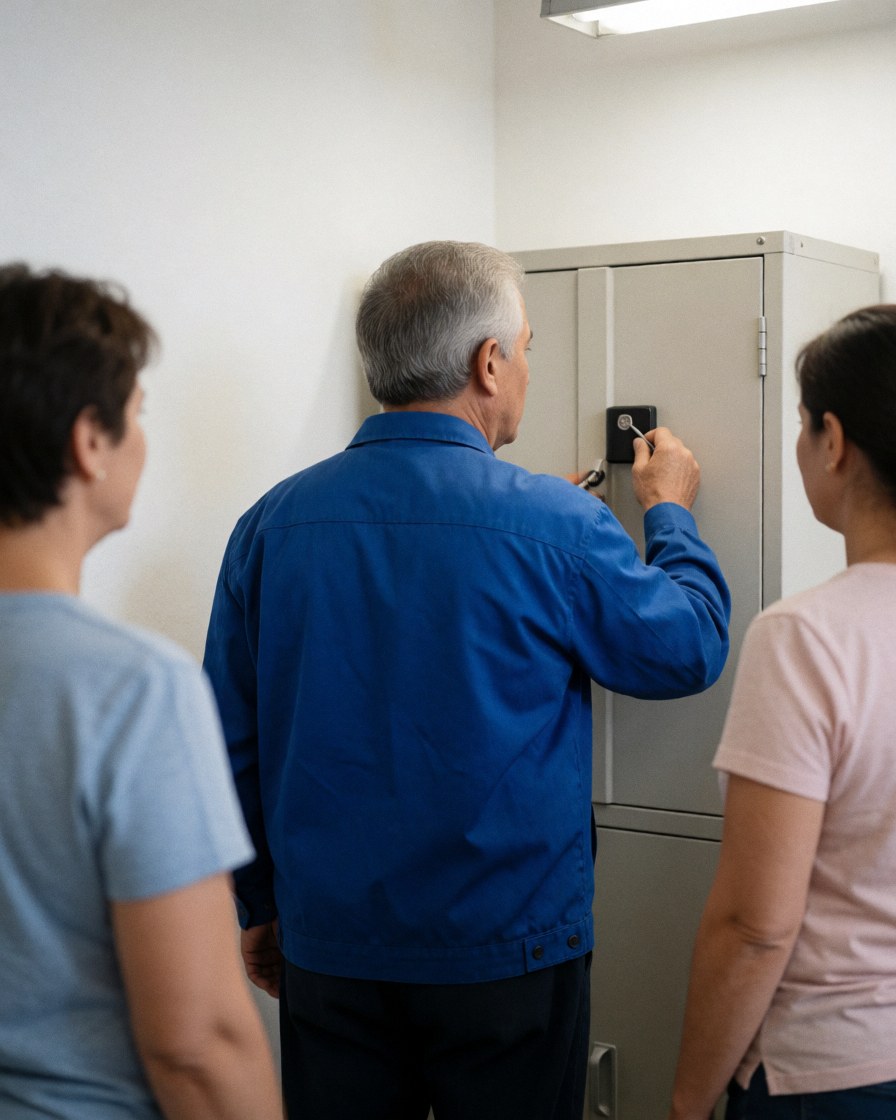 A technician inspects a security latch on a metal cabinet in an office while two people observe the work being performed.