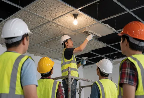 Construction worker on scaffolding applies textured plaster to a ceiling while others observe the finishing process.