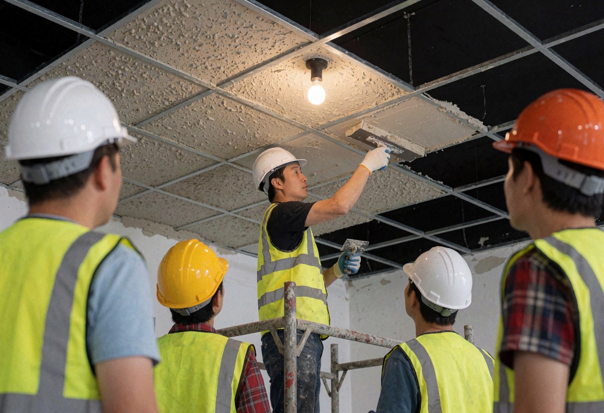 Construction worker on scaffolding applies textured plaster to a ceiling while others observe the finishing process.