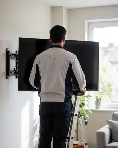 Professional technician mounting a 65-inch TV on a modern living room wall with natural light.
