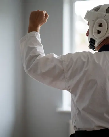 Martial arts instructor performing a block with a fist while wearing head protection and a white dobok in a room with light gray walls.