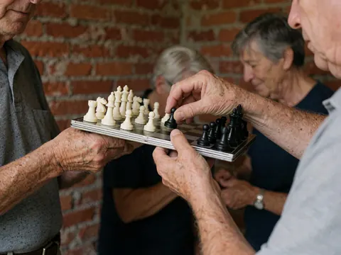 Close-up view of adult hands moving chess pieces on a portable folding board with magnetic pieces.