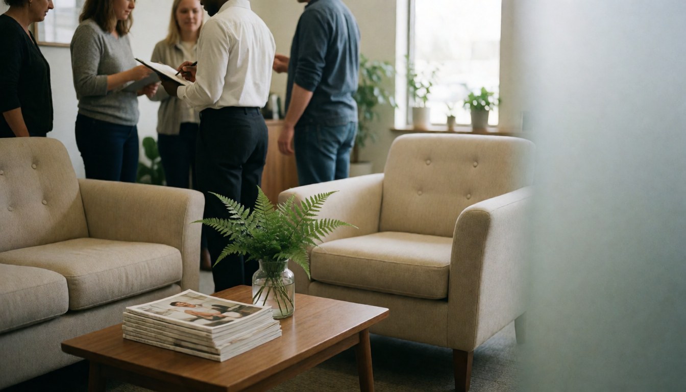 A quiet office meeting featuring beige chairs, a wooden table, and green plants near a window, conveying a professional and relaxed atmosphere for business contexts.