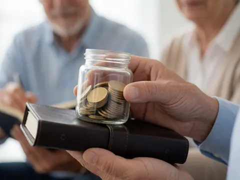 A hand holding a glass jar filled with coins placed on top of a dark leather-bound book