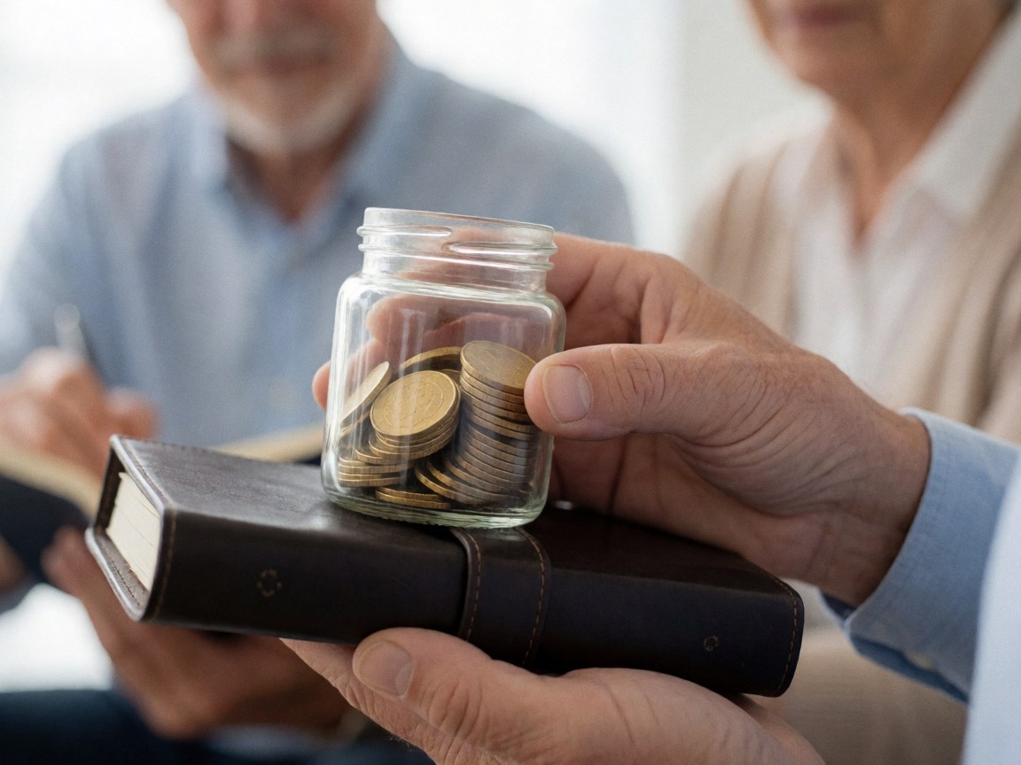 A hand holding a glass jar filled with coins placed on top of a dark leather-bound book
