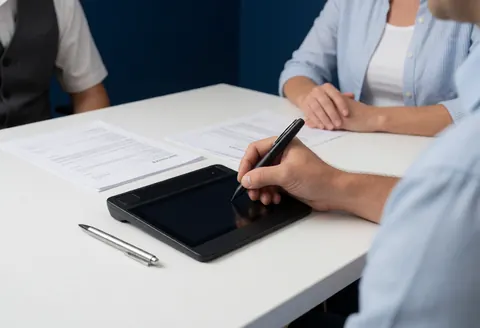 Close-up of a hand using a silver pen to sign documents on a digital tablet in a professional blue office setting