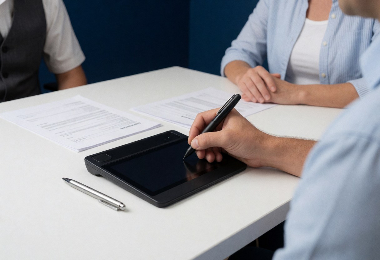 Close-up of a hand using a silver pen to sign documents on a digital tablet in a professional blue office setting