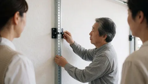 Three individuals observe a technician installing a garage door vertical track on a white wall, showing metal rail mounting.