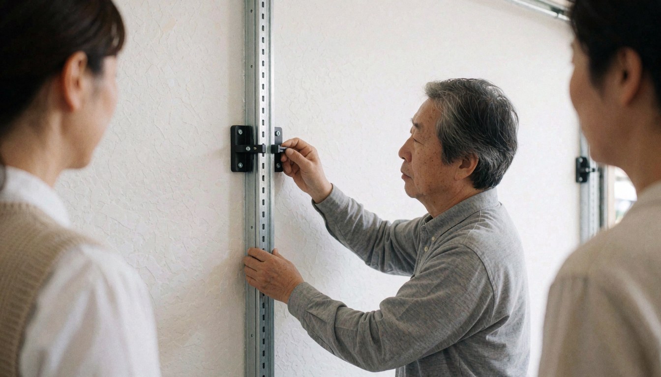 Three individuals observe a technician installing a garage door vertical track on a white wall, showing metal rail mounting.