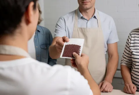 A seller in an agricultural store hands a package of red seeds to a customer with a white brick wall visible.