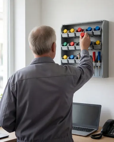 A technician takes a tire valve from a wall-mounted organizer in natural light with colorful tools visible nearby.