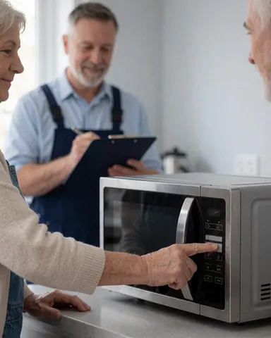 A customer presses the start button on a repaired microwave in a modern kitchen, with a technician holding a portfolio in the background.