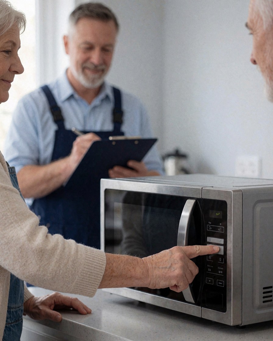 A customer presses the start button on a repaired microwave in a modern kitchen, with a technician holding a portfolio in the background.