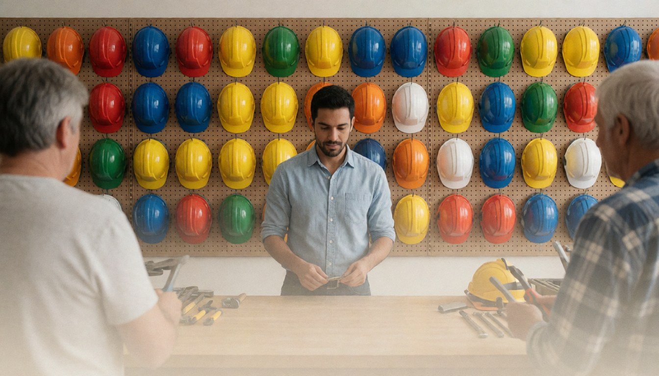 Colorful safety helmets mounted on a wall above a counter filled with tools in an agricultural supply shop.