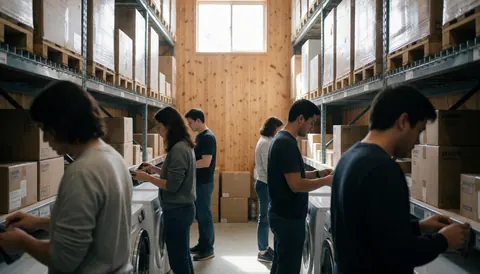 Warehouse personnel handling cargo boxes near tall shelving units with natural light and wooden walls.