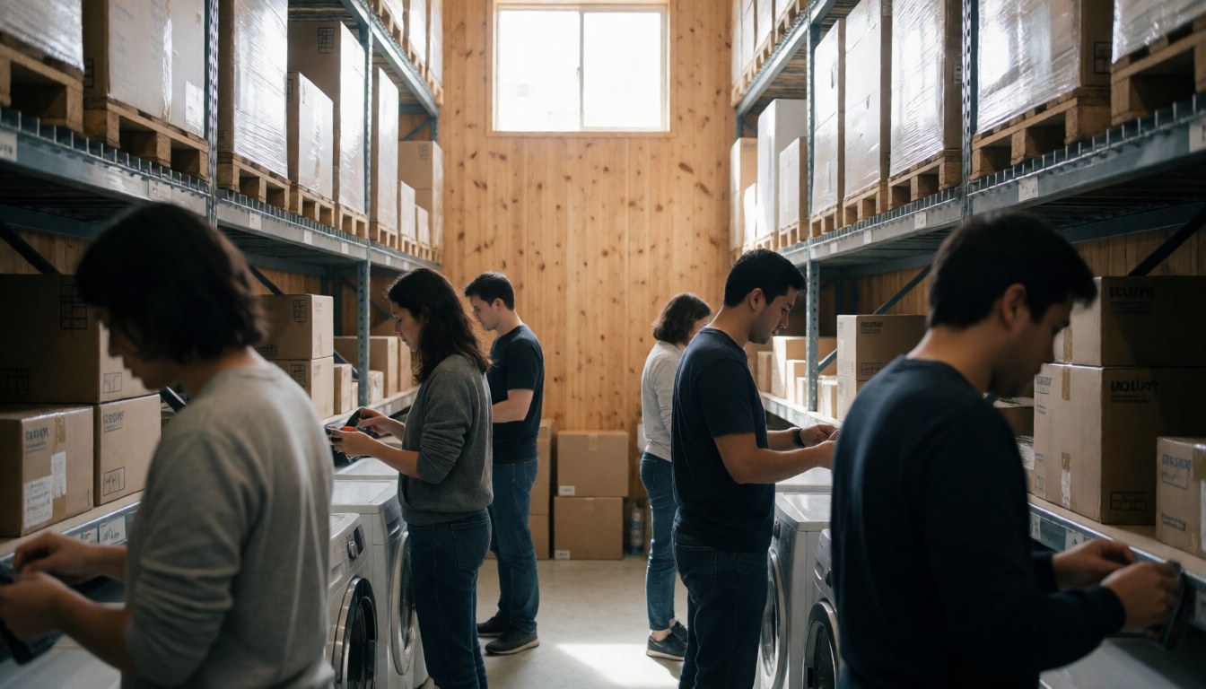 Warehouse personnel handling cargo boxes near tall shelving units with natural light and wooden walls.