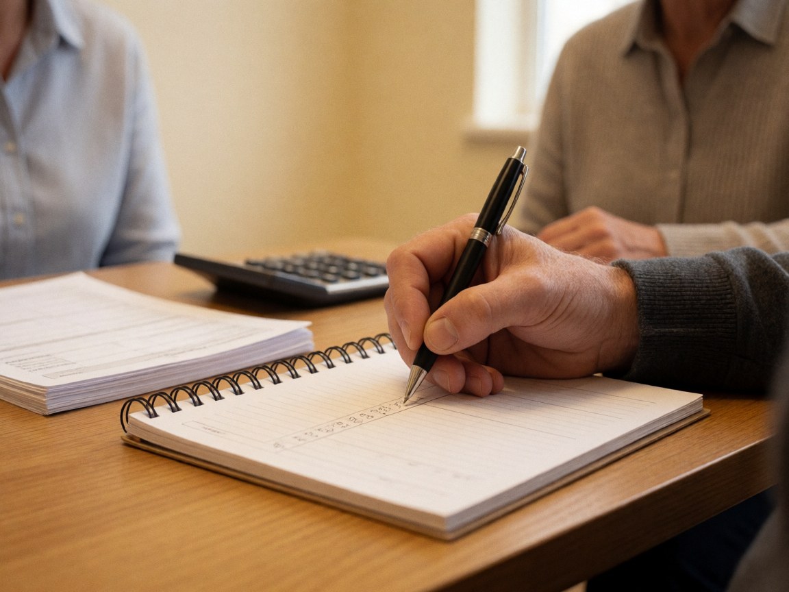Close-up of a hand writing numbers in a wooden notebook with a calculator and forms on a desk.