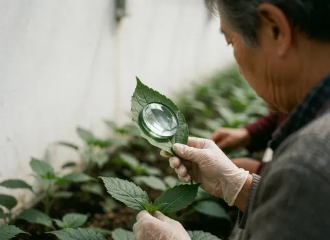 A gloved hand holds a magnifying glass over a green leaf in a greenhouse to examine crop details.