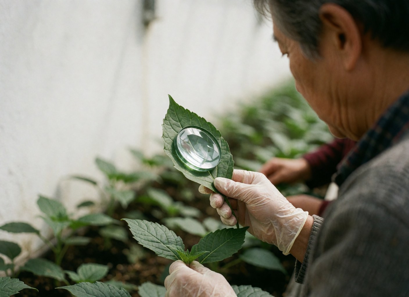 A gloved hand holds a magnifying glass over a green leaf in a greenhouse to examine crop details.
