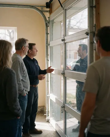 Technician explaining glass garage door features to a client in a home with beige walls and natural light.