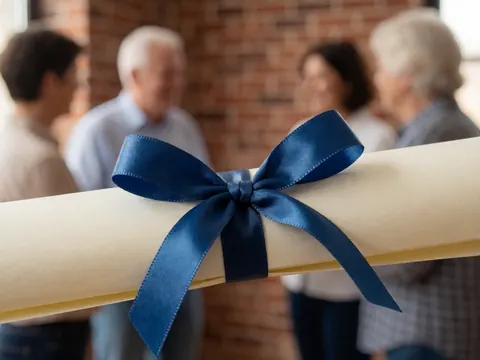 Close-up view of a diploma with a blue ribbon tied around it against a warm-lit brick wall background.