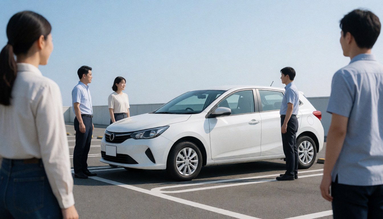 A white vehicle parked in a lot with several individuals standing nearby during driving school training.