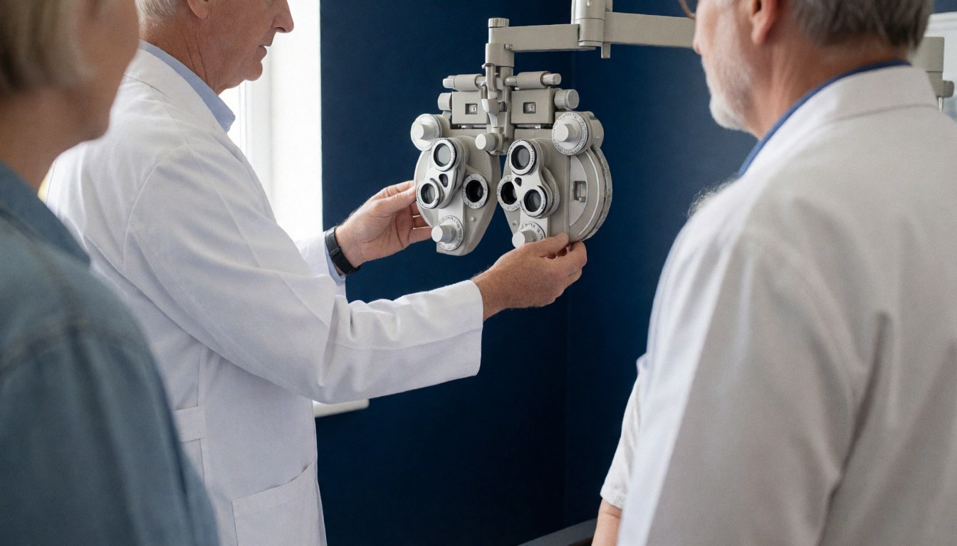 An optometrist adjusts a phoropter in an optical consultation room with blue walls while others observe the medical equipment.