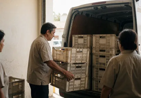 A man loads reusable plastic boxes into a delivery truck at a warehouse for last-mile logistics service.