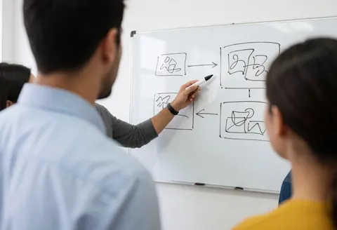 An instructor points to diagrams on a whiteboard using a marker during a professional training session in an office setting.