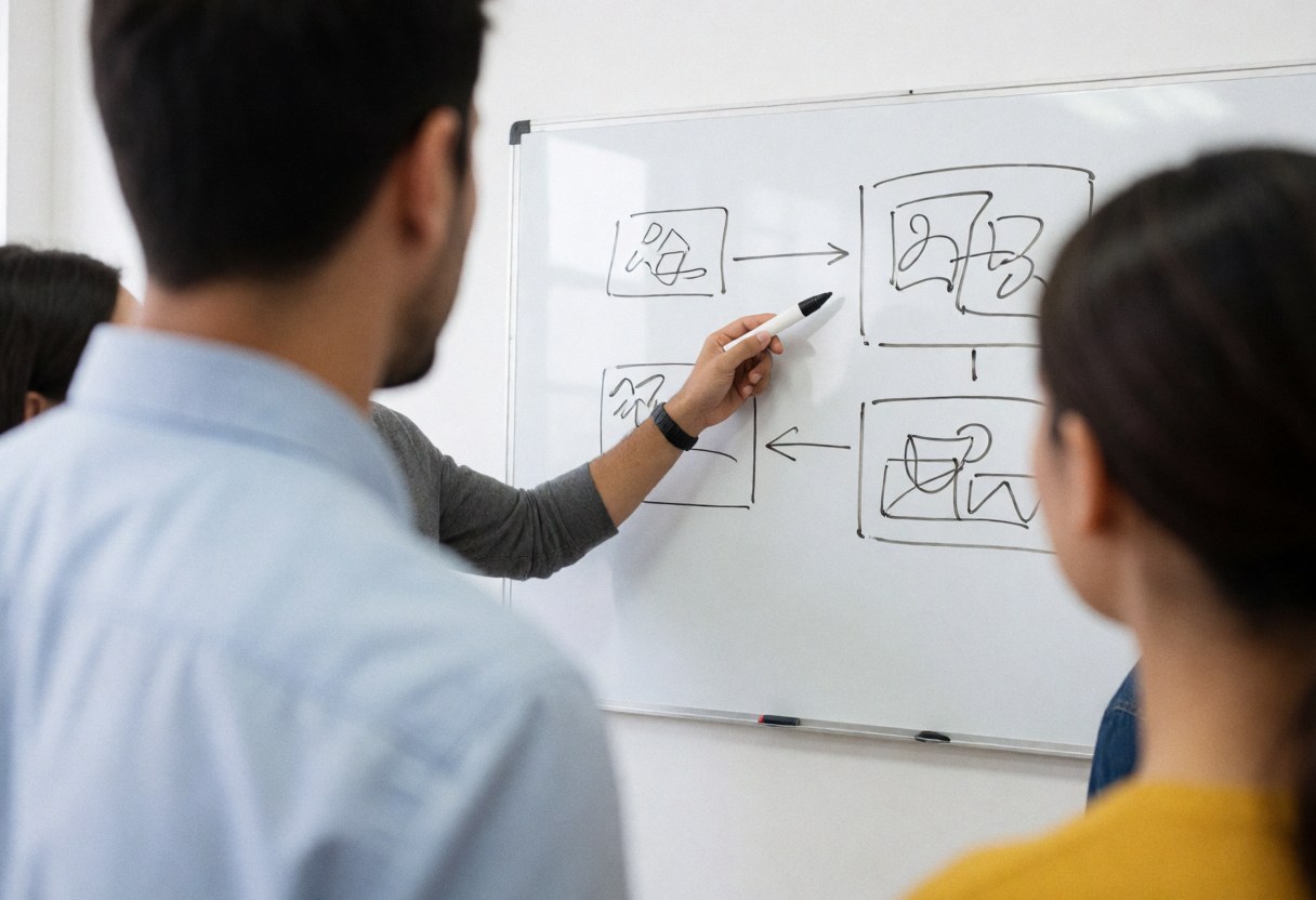 An instructor points to diagrams on a whiteboard using a marker during a professional training session in an office setting.