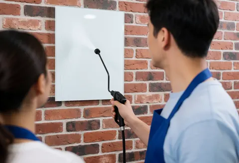Technician in blue apron calibrating a spray on a white board against a red brick wall showing the spray pattern.