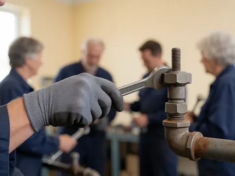 Close-up of a gloved hand using an adjustable wrench to tighten a corroded metal pipe during agricultural equipment repair work.