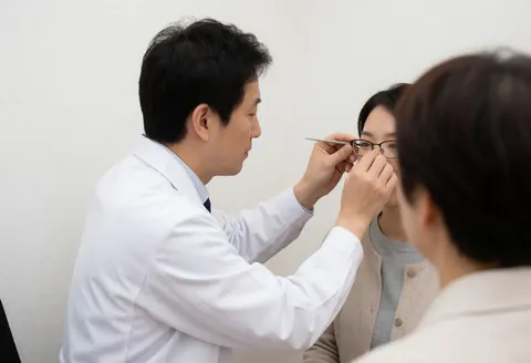 Optician adjusting eyeglasses for a customer using a tool in a white-walled optical store