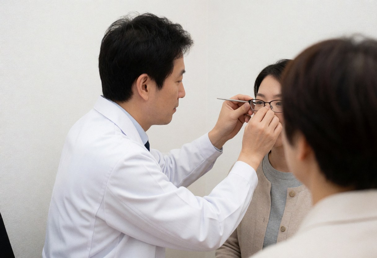 Optician adjusting eyeglasses for a customer using a tool in a white-walled optical store