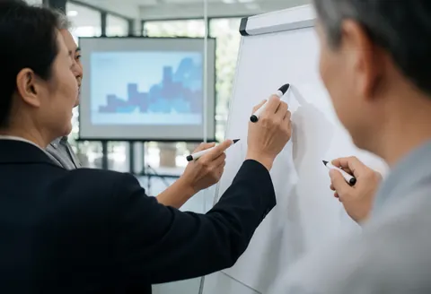 Two professionals write on a whiteboard with projected graphics in a modern meeting space.