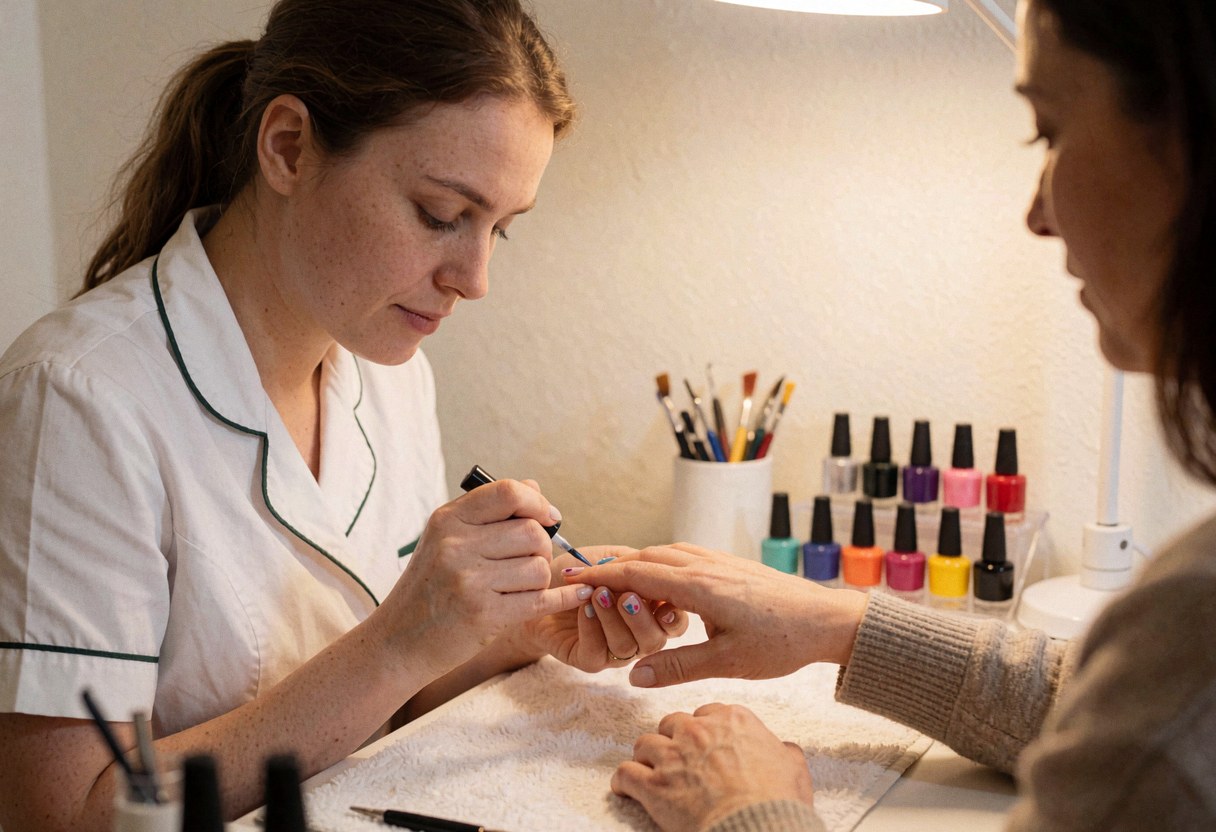 Close-up of a manicurist applying a clear top coat to decorated nails in a salon setting with visible nail care products.