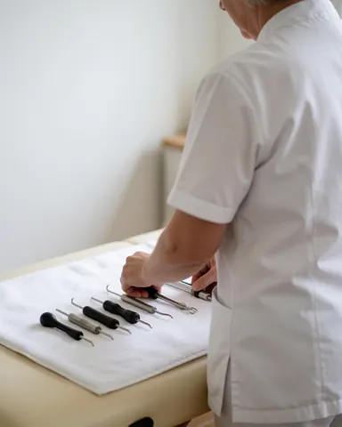 A therapist prepares cervical massage tools on a white cloth in a clean clinic.
