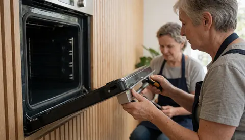 Technician applying fresh black silicone sealant to an open oven during appliance repair service.