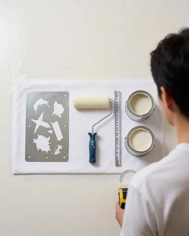 Tennis court installer measuring a wall using a stencil, roller, and white paint to prepare for painting.