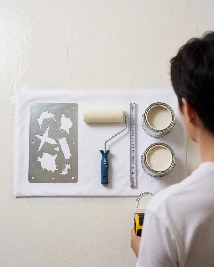 Tennis court installer measuring a wall using a stencil, roller, and white paint to prepare for painting.