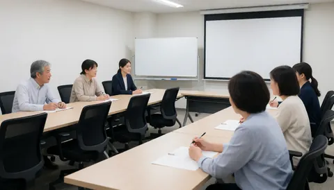 Group of adults seated at U-shaped tables writing in notebooks during a training session with a whiteboard and projector visible.