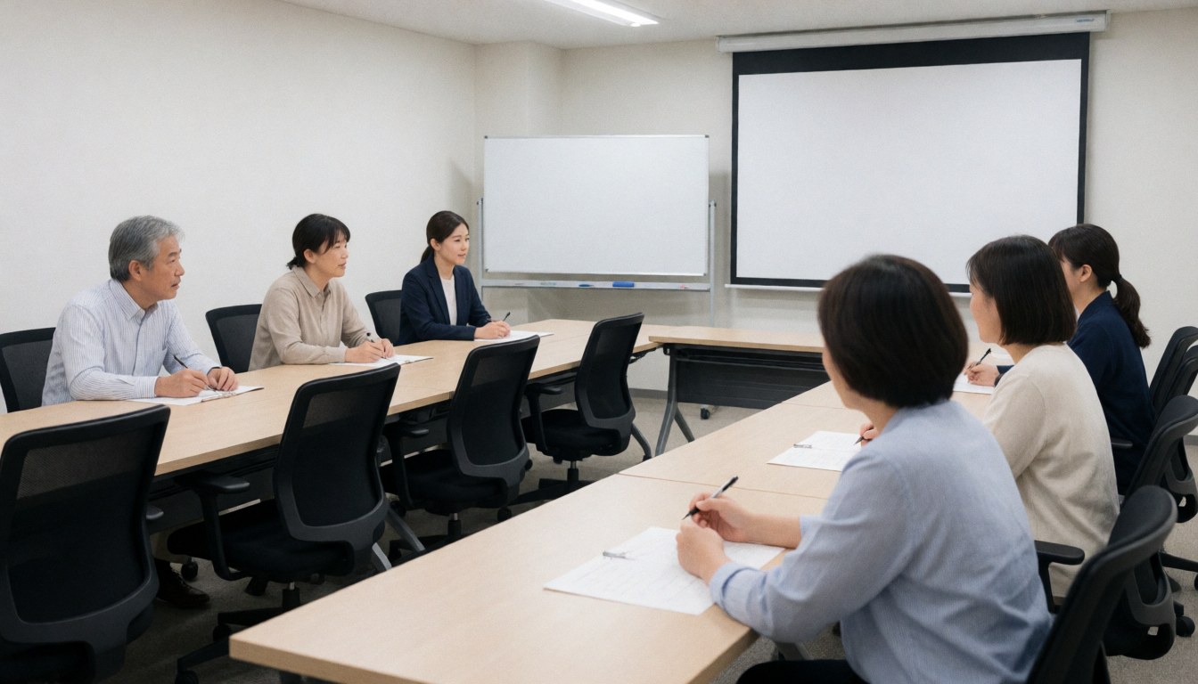Group of adults seated at U-shaped tables writing in notebooks during a training session with a whiteboard and projector visible.